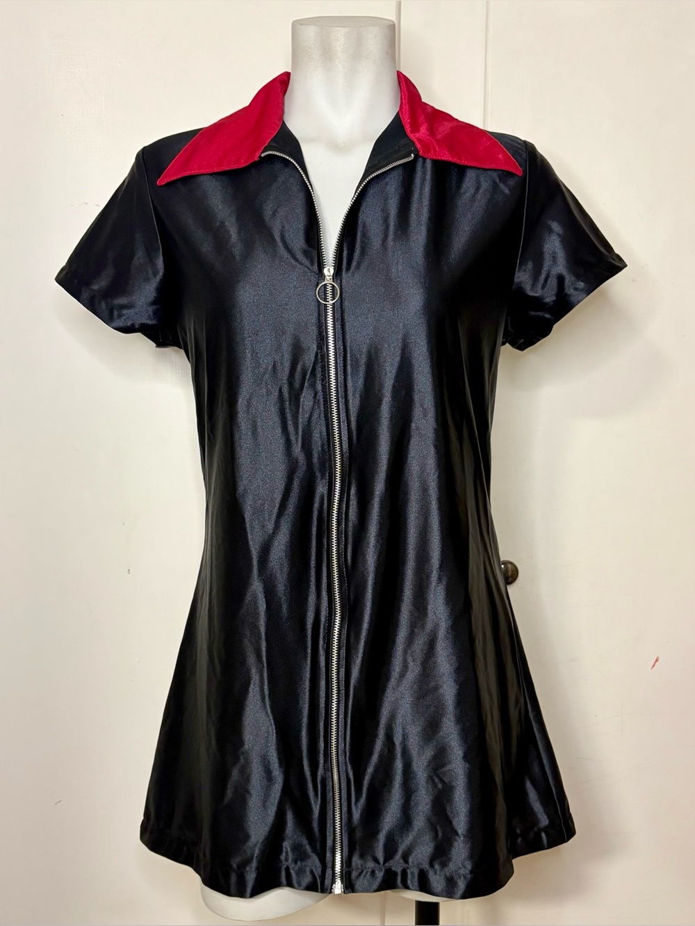 Y2K Sinister Goth Zip Up Satin Short Sleeve Bodycon Collared Mini Club Dress